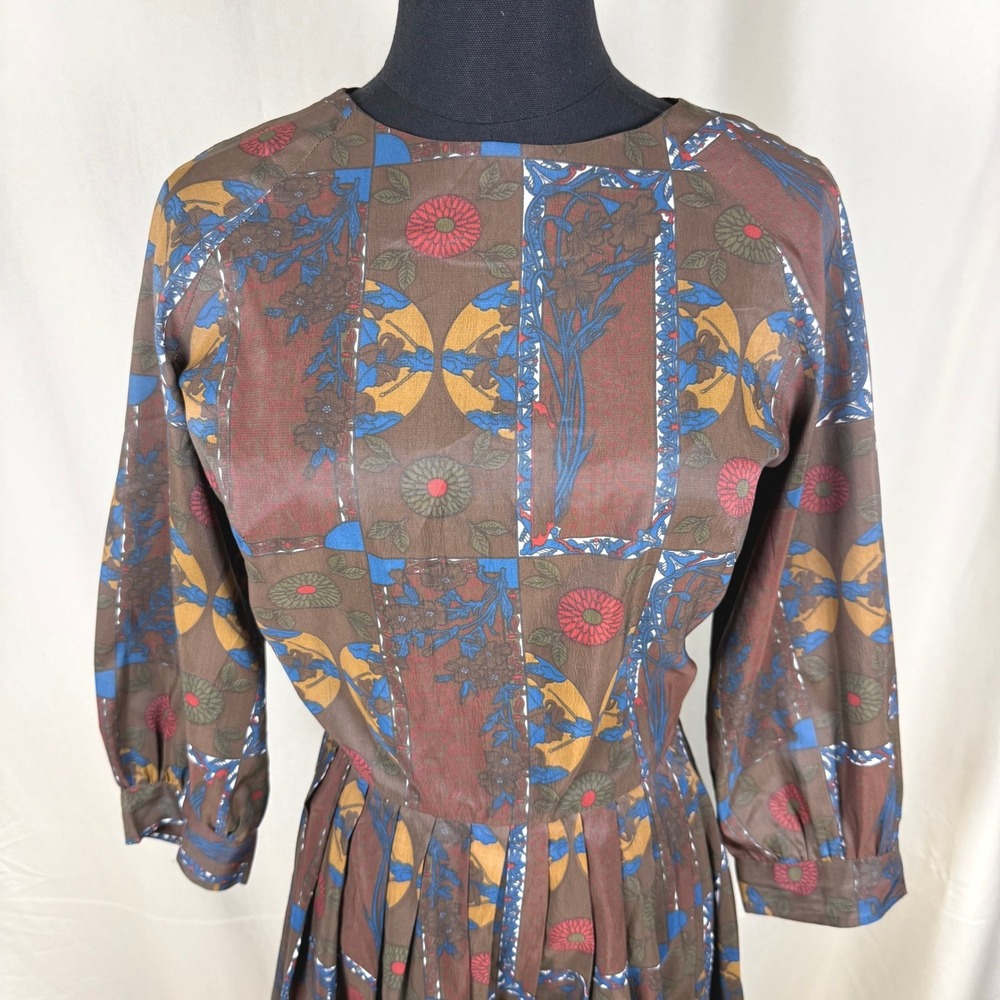 VTG 1960s Handmade Geometric Print Fit & Flare Dress Brown Size 4 EUC - Picture 6 of 14